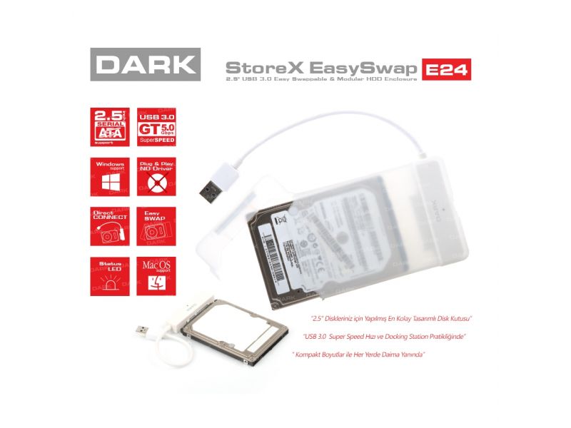 DARK DK-AC-DSE24U3 STOREX E24 2.5" USB 3.0 SATA ÇIKARILABİLİR BAŞLIKLI ŞEFFAF DİSK KUTUSU       