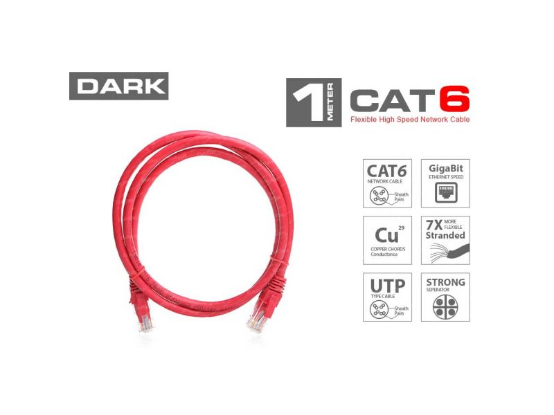 DARK DK-CB-NT6U100R 1MT UTP CAT6 PATCH KABLO KIRMIZI AWG24/7