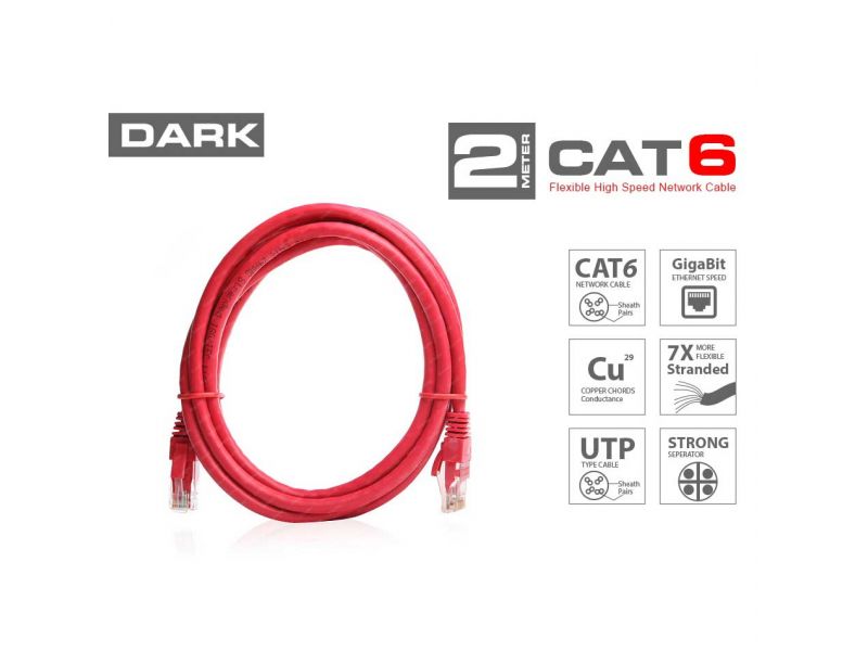 DARK DK-CB-NT6U200R 2MT UTP CAT6 PATCH KABLO KIRMIZI AWG24/7
