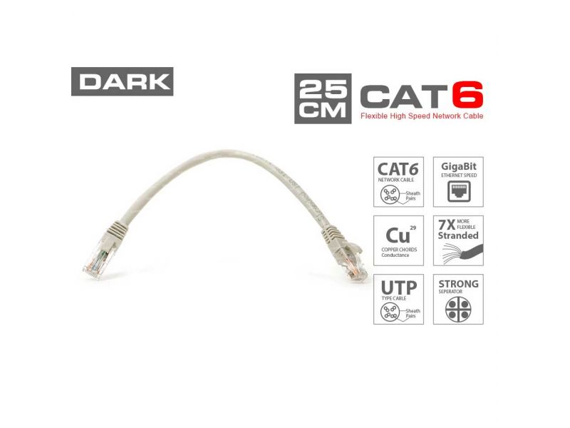 DARK DK-CB-NT6U25G 25CM UTP CAT6 PATCH KABLO GRI AWG24/7