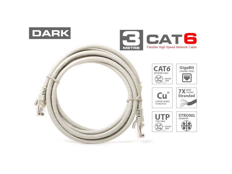 DARK DK-CB-NT6U300G 3MT UTP CAT6 PATCH KABLO GRI AWG24/7