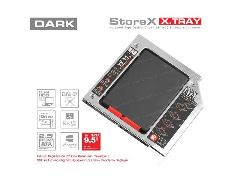 DARK STOREX XTRAY DK-AC-DSOSD9 9.5MM NOTEBOOK OPTİK SATA SSD HDD KUTU