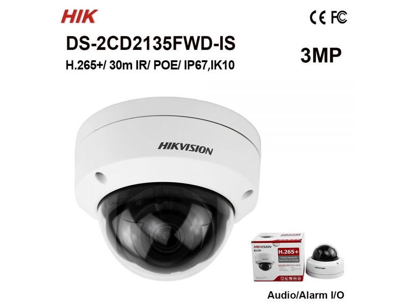 HIKVISION DS-2CD2135FWD-IS 3MP 2.8MM 30MT BLC, ROI, 3D DNR IP67 - IK10 POE/ONVIF METAL KASA IP DOME KAMERA  