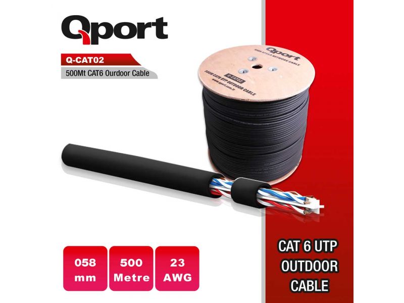 QPORT Q-CAT02 500MT UTP CAT6 OUTDOOR NETWORK KABLO SIYAH 23AWG 0.58MM