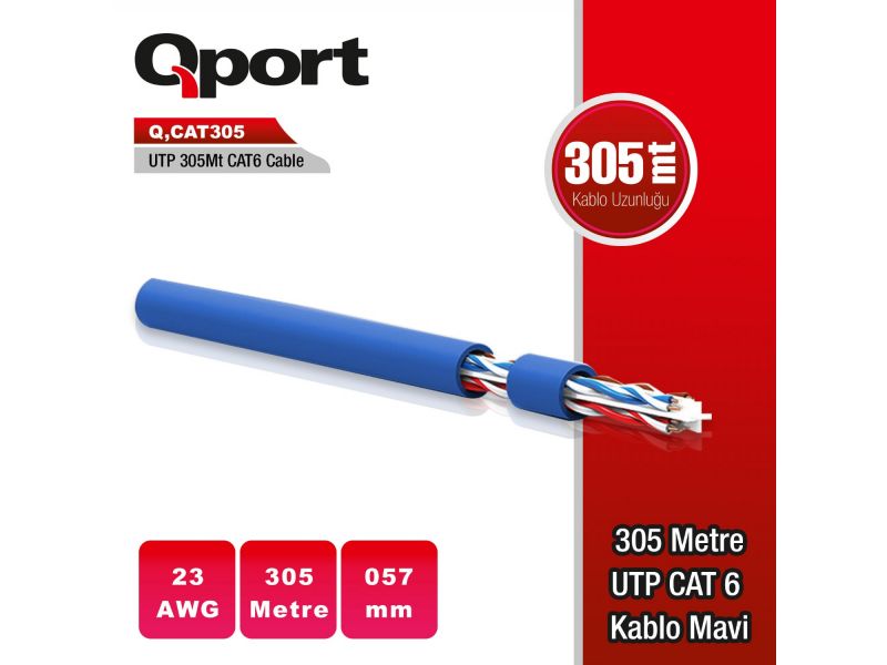 QPORT Q-CAT6 305 MT UTP CAT6 NETWORK KABLO MAVI 23AWG 0.57MM