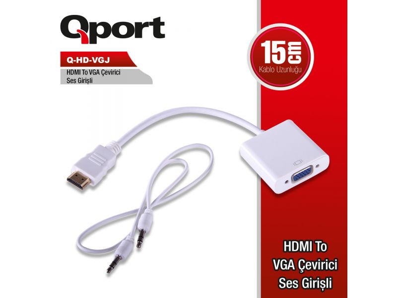 QPORT Q-HD-VGJ HDMI TO VGA+SES GİRİŞLİ ÇEVİRİCİ ADAPTÖR 