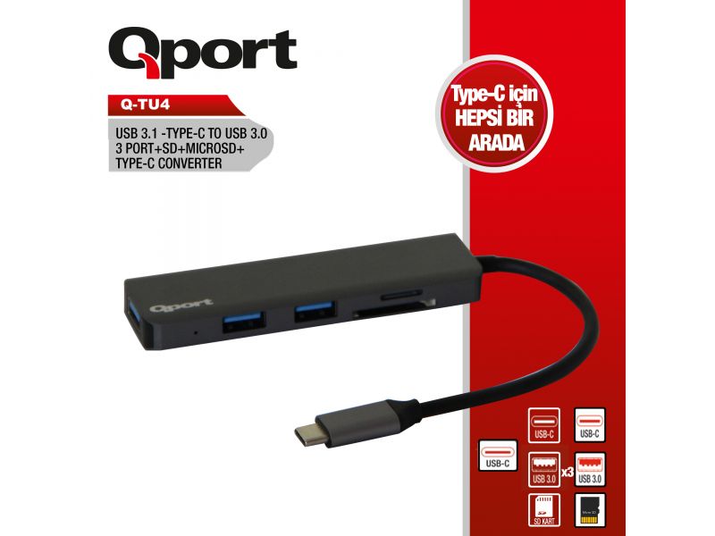 QPORT Q-TU4 TYPE-C TO 3xUSB3.0+MICROSD ÇEVİRİCİ ADAPTÖR