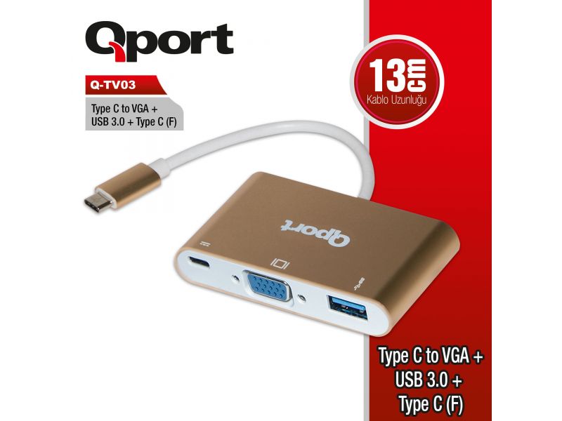 QPORT Q-TV03 TYPE-C TO VGA/USB/TYPE-C 1920x1080P ÇEVİRİCİ