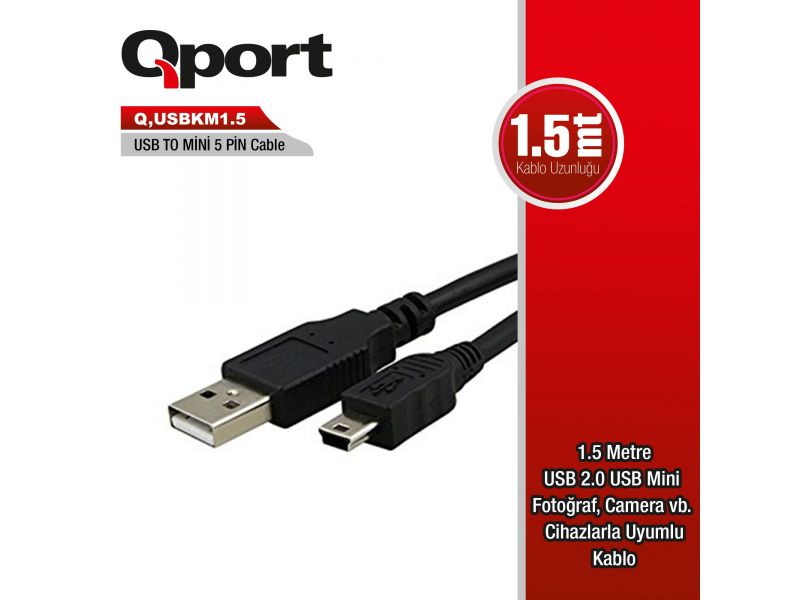 QPORT Q-USBKM1.5 USB 1.5MT GSM MICRO 5PIN KAMERA/DATA/ŞARJ KABLO SİYAH