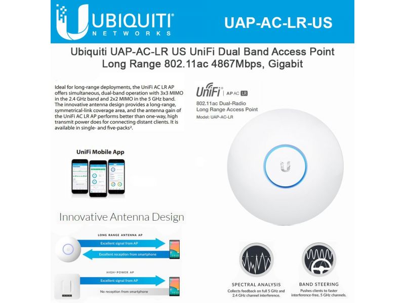 UBNT UAP-AC LR 1167MBPS 1PORT GIGABIT 1 ANTEN 2.4GHZ 3DBI /5 GHZ 6 DBI 2.4/5GHz POE ADAPTORLU INDOOR TAVAN TİPİ
